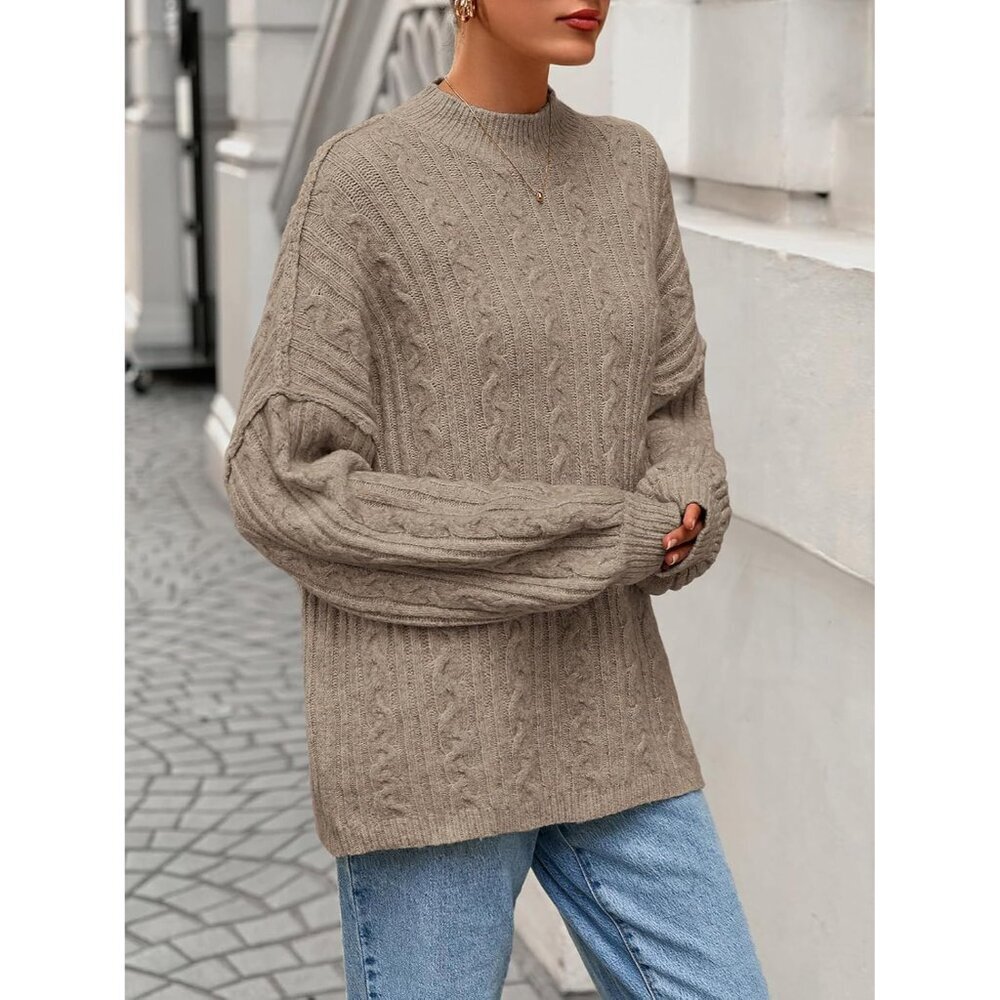 Women's Cable Knit Sweater Oversized Fall Pullover Crewneck Long Sleeve - Picture 4 of 6